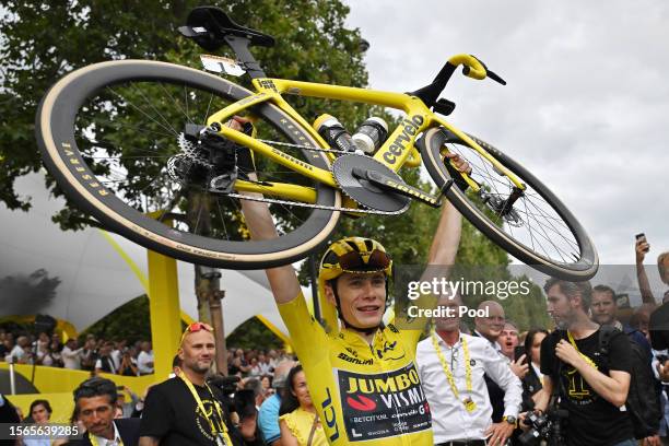 Jonas Vingegaard of Denmark and Team Jumbo-Visma - Yellow Leader Jersey celebrates as final overall winner after the stage twenty-one of the 110th...