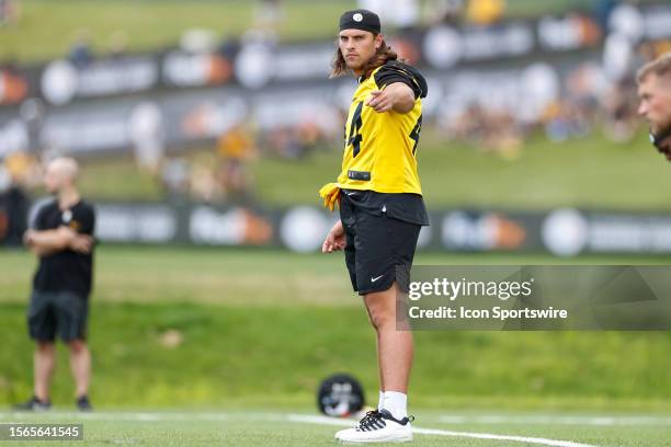 Pittsburgh Steelers linebacker Tanner Muse gestures during the team's training camp at Saint Vincent College on July 29 in Latrobe, PA.