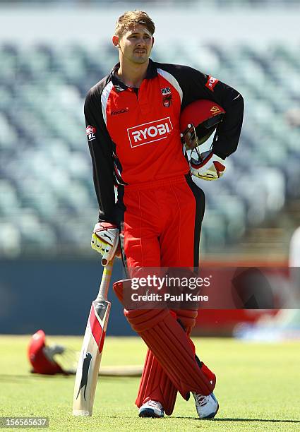 Kane Richardson of the Redbacks looks on while waiting for an umpires review during the Ryobi Cup One Day match between the Western Australia...