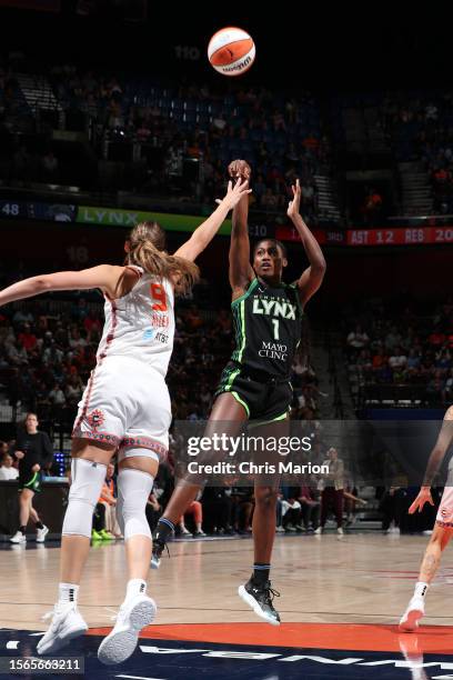 Diamond Miller of the Minnesota Lynx shoots the ball during the game against the Connecticut Sun on July 30, 2023 at the Mohegan Sun Arena in...