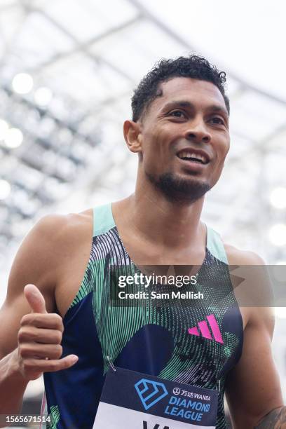 Wayde Van Niekerk of South Africa following the men's 400m during the London Athletics Meet, part of the 2023 Diamond League series at London Stadium...