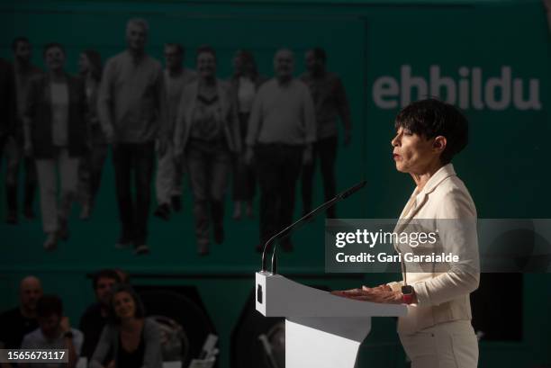 Maialen Iriarte, spokeswoman in Gipuzkoa of EHBildu, the Basque pro-independence left party, speaks during the monitoring of Spain's general election...