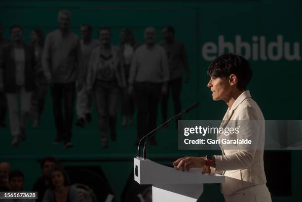 Maialen Iriarte, spokeswoman in Gipuzkoa of EHBildu, the Basque pro-independence left party, speaks during the monitoring of Spain's general election...