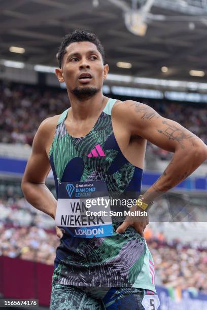 Wayde Van Niekerk of South Africa following the men's 400m during the London Athletics Meet, part of the 2023 Diamond League series at London Stadium...