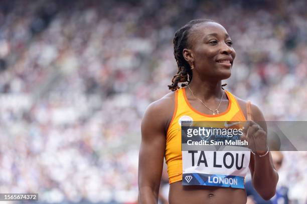 Marie-Josee Ta Lou of Ivory Coast following the women's 100m during the London Athletics Meet, part of the 2023 Diamond League series at London...