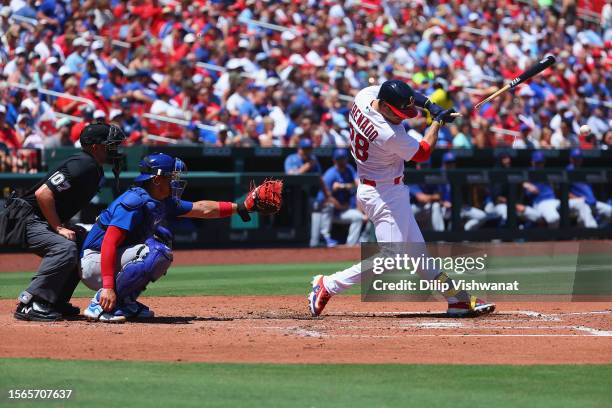 Nolan Arenado of the St. Louis Cardinals breaks his bat during an at-bat against the Chicago Cubs in the second inning at Busch Stadium on July 30,...