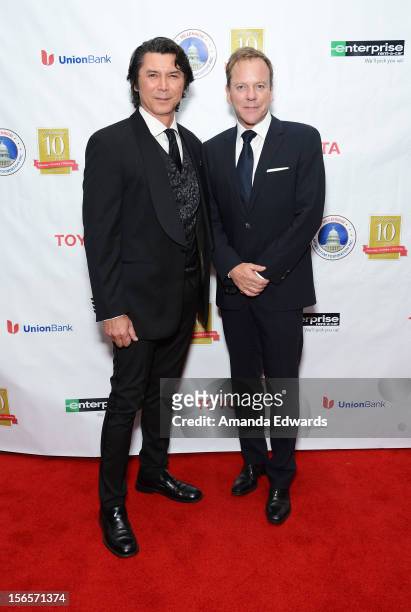 Actors Lou Diamond Phillips and Kiefer Sutherland arrive at the 10th Annual Opening Doors Awards benefiting the Millennium Momentum Foundation at...