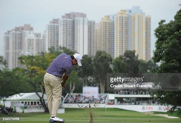 Matteo Manassero of Italy plays a shot during the third round of the UBS Hong Kong open at The Hong Kong Golf Club on November 17, 2012 in Hong Kong,...