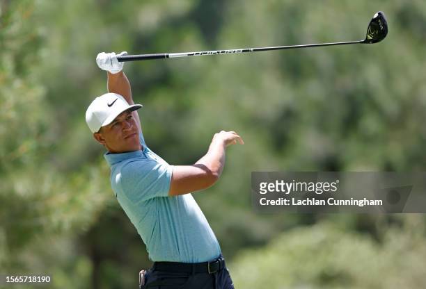 Cameron Champ of the United States plays his shot from the second tee during the final round of the Barracuda Championship at Tahoe Mountain Club on...