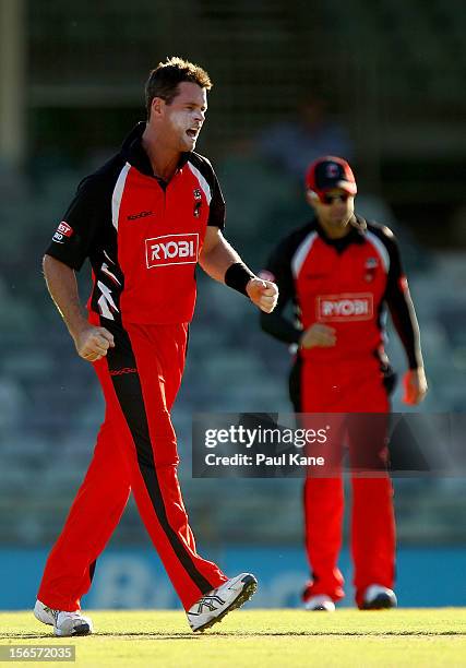 Dan Christian of the Redbacks celebrates the wicket of Adam Voges of the Warriors during the Ryobi Cup One Day match between the Western Australia...