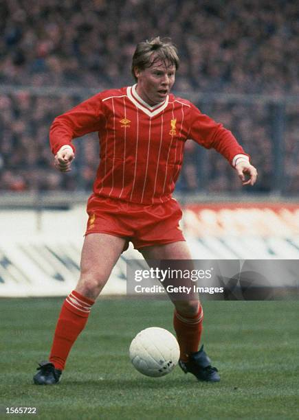 Sammy Lee of Liverpool in action during the Milk Cup final against Manchester United at Wembley Stadium in London. Liverpool won the match 2-1 after...