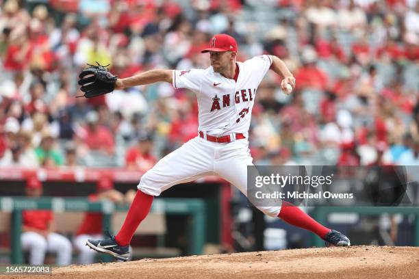 Tyler Anderson of the Los Angeles Angels pitches during the second inning against the Pittsburgh Pirates at Angel Stadium of Anaheim on July 23, 2023...