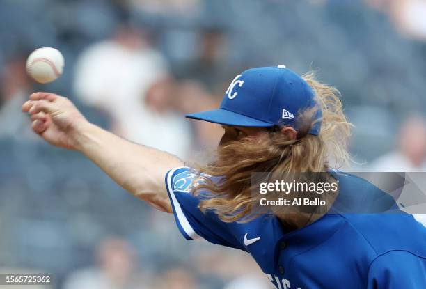 Scott Barlow of the Kansas City Royals pitches against the New York Yankees during their game at Yankee Stadium on July 23, 2023 in Bronx borough of...