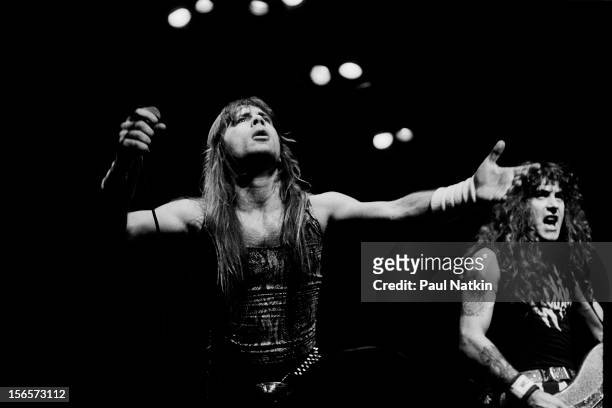 British heavy metal band Iron Maiden performs at the Poplar Creek Music Theater in Hoffman Estates during their World Slavery Tour, Chicago,...