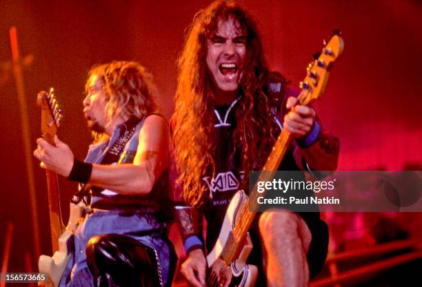 British heavy metal band Iron Maiden performs at the UIC Pavillion during their Brave New World Tour, Chicago, Illinois, October 17, 2000. Pictured...