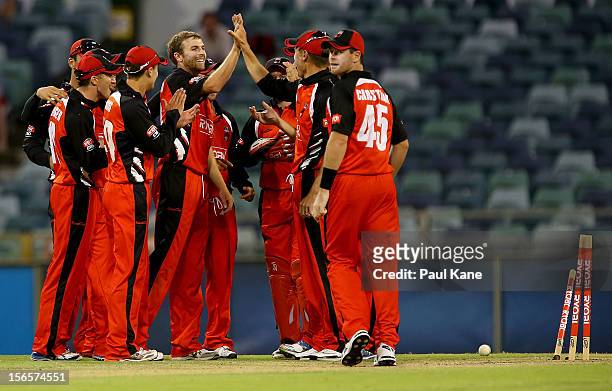 Gary Putland of the Redbacks celebrates with team mates after dimissing Jason Behrendorff of the Warriors and to win the match during the Ryobi Cup...