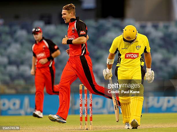 Kane Richardson of the Redbacks celebrates dismissing Travis Birt of the Warriors during the Ryobi Cup One Day match between the Western Australia...