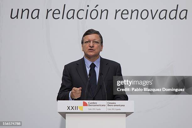 European Commission president Jose Manuel Barroso speaks on a press conference during the last day of the XXII Ibero-American Summit at Congress...