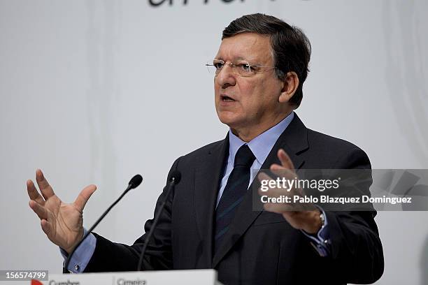 European Commission president Jose Manuel Barroso speaks on a press conference during the last day of the XXII Ibero-American Summit at Congress...