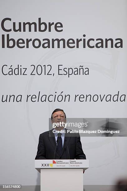 European Commission president Jose Manuel Barroso speaks on a press conference during the last day of the XXII Ibero-American Summit at Congress...