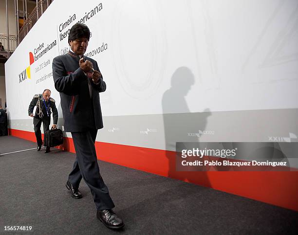Bolivia's President Evo Morales leaves a press conference during the last day of the XXII Ibero-American Summit at Congress Palace on November 17,...
