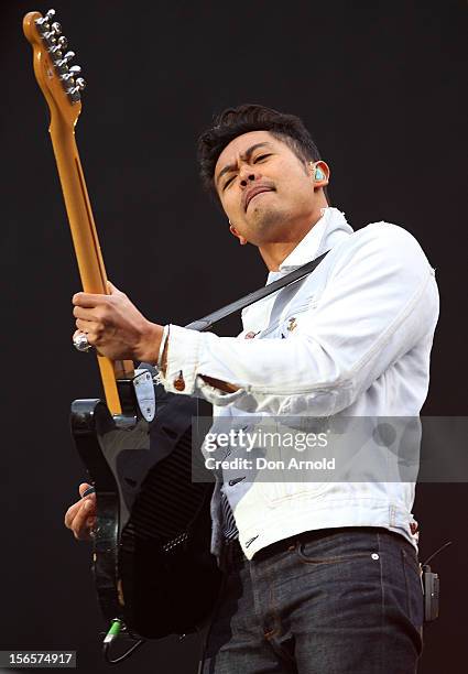 Dougy Mandagi of Temper Trap perform live on stage ahead of the Coldplay show at Allianz Stadium on November 17, 2012 in Sydney, Australia.