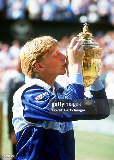 Boris Becker of Germany celebrates winning the 1985 Wimbledon Championships held at Wimbledon, London. Mandatory Credit: Allsport UK/ALLSPORT