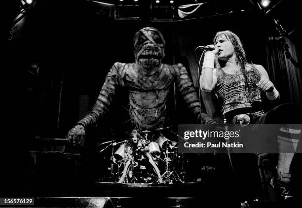 British heavy metal band Iron Maiden performs at the Poplar Creek Music Theater in Hoffman Estates during their World Slavery Tour, Chicago,...