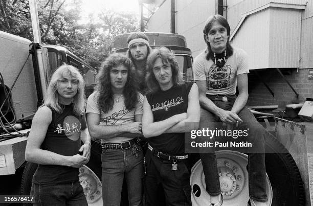 Portrait of British heavy metal band Iron Maiden backstage at the Alpine Valley Music Theater during their World Piece Tour, East Troy, Wisconsin,...