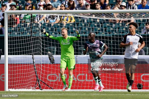 Marek Rodák of Fulham FC reacts in the first half during a Premier League Summer Series match between Brentford FC and Fulham FC at Lincoln Financial...