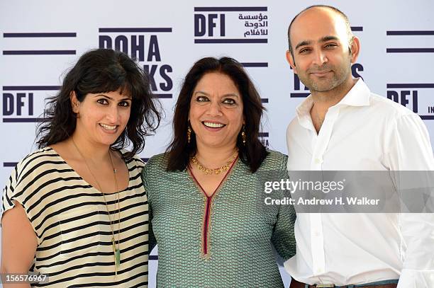 Screenwriter Ami Boghani, filmmaker Mira Nair and novelist Mohsin Hamid attend the Festival Opening Press Conference during the 2012 Doha Tribeca...