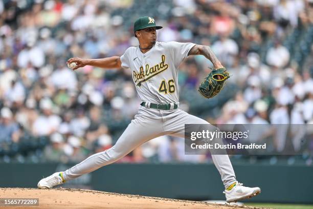 Luis Medina of the Oakland Athletics pitches in the second inning against the Colorado Rockies at Coors Field on July 30, 2023 in Denver, Colorado.