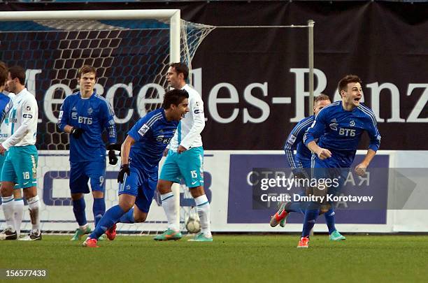 Vladimir Granat of FC Dynamo Moscow celebrates after scoring a goal during the Russian Premier League match between FC Dynamo Moscow and FC Zenit St....