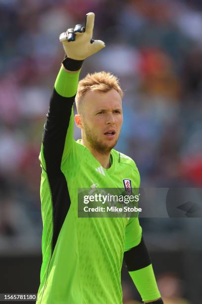 Marek Rodák of Fulham FC in action against the Brentford FC during a Premier League Summer Series match at Lincoln Financial Field on July 23, 2023...