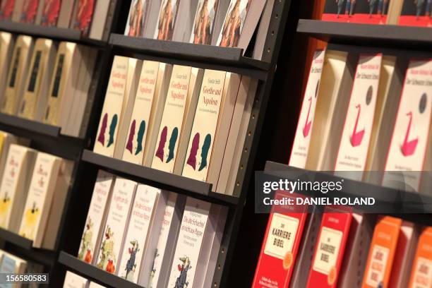 Books are on display during the 62nd International Book Fair in Frankfurt am Main, on October 6, 2010. Publishers and authors at the world's biggest...