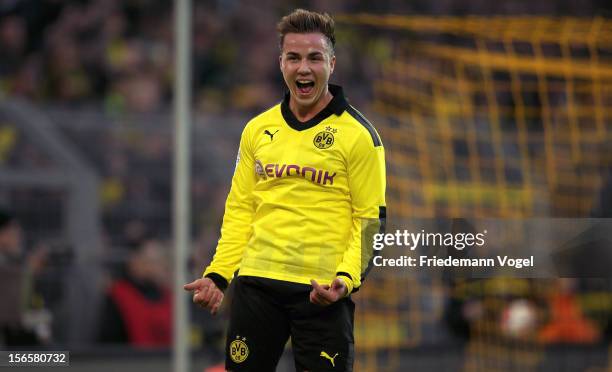 Mario Goetze of Dortmund celebrates scoring the third goal during the Bundesliga match between Borussia Dortmund and SpVgg Greuther Fuerth at Signal...