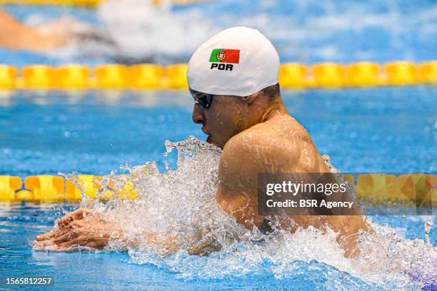 Gabriel Lopes of Portugal competing in Men's 4x 100m medley relay on Day 17 of the Fukuoka 2023 World Aquatics Championships at the Marine Messe...