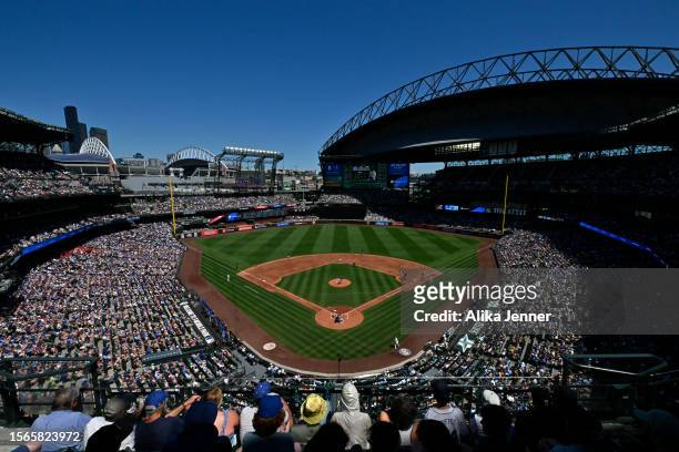General view of the field during the game between the Seattle Mariners and the Toronto Blue Jays at T-Mobile Park on July 23, 2023 in Seattle,...