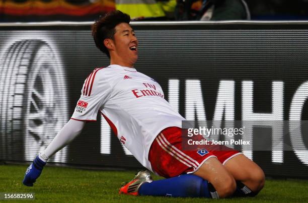 Heung Min Son of Hamburg celebrates after scoring his team's first goal during the Bundesliga match between Hamburger SV and 1. FSV Mainz 05 at...