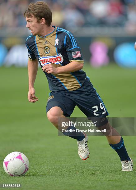 Antoine Hoppenot of the Philadelphia Union plays the ball during the game against the New York Red Bulls at PPL Park on October 27, 2012 in Chester,...