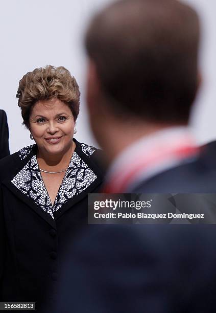 President of Brazil Dilma Rousseff looks on while waiting to pose for a group picture during the last day of the XXII Ibero-American Summit at...