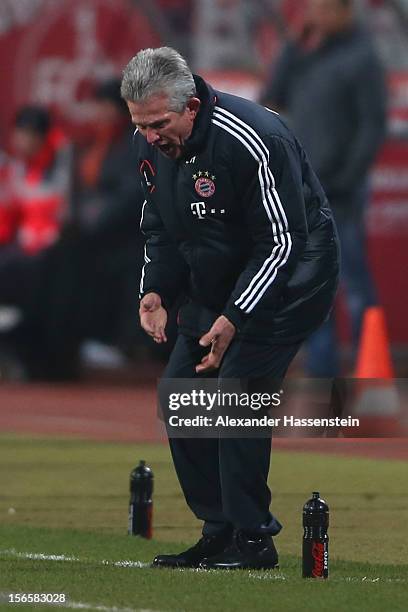 Jupp Henyckes, head coach of Muenchen reacts during the Bundesliga match between 1. FC Nuernberg and FC Bayern Muenchen at Easy Credit Stadium on...