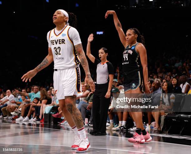 Betnijah Laney of the New York Liberty makes a three-point shot against the Indiana Fever at Barclays Center on July 23, 2023 in New York City. NOTE...