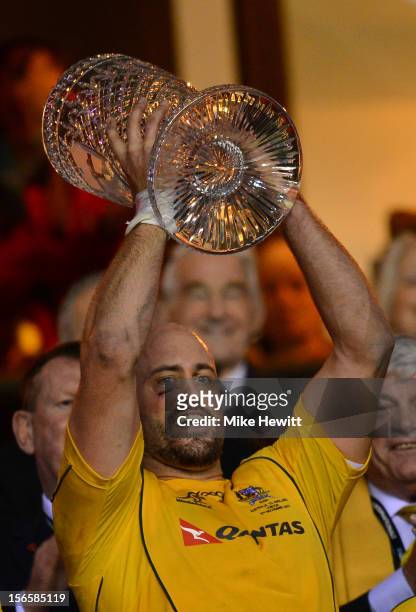 Captain Nathan Sharpe of Australia lifts the Cook Cup during the QBE International match between England and Australia at Twickenham Stadium on...