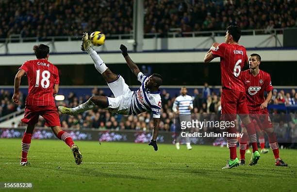 Djibril Cisse of QPR attempts an over head kick during the Barclays Premier League match between Queens Park Rangers and Southampton at Loftus Road...