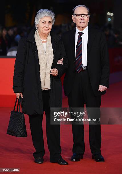 Composer Ennio Morricone and his wife Maria Travia attend the "Giuseppe Tornatore: Ogni Film Un'Opera Prima" Premiere during the 7th Rome Film...