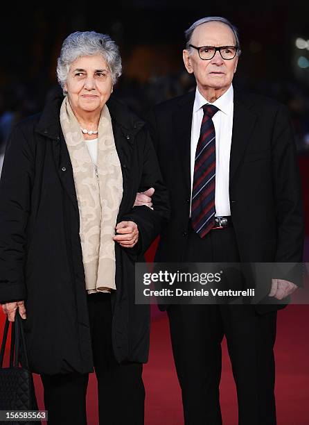 Composer Ennio Morricone and his wife Maria Travia attend the "Giuseppe Tornatore: Ogni Film Un'Opera Prima" Premiere during the 7th Rome Film...