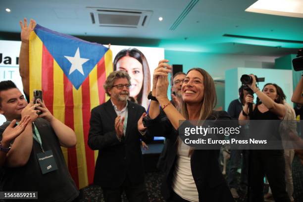 The number 1 candidate of Junts por Barcelona to the Congress of Deputies, Miriam Nogueras, celebrates during the monitoring of the election day of...