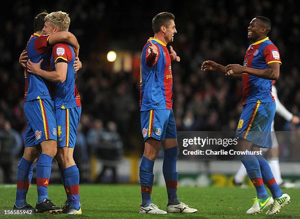 Andre Moritz of Crystal Palace celebrates his goal with team mates during the npower Championship match between Crystal Palace and Derby County at...