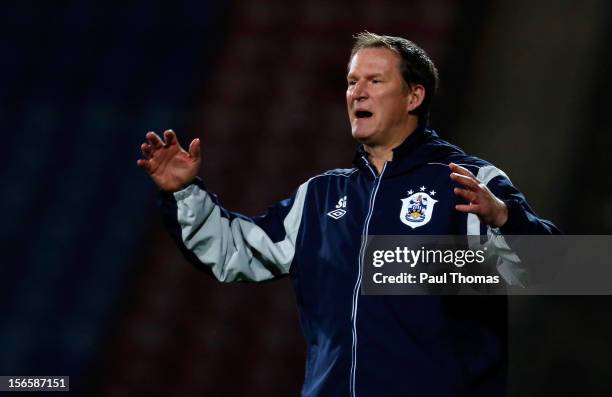 Manager Simon Grayson of Huddersfield Town shows his disappointment during the npower Championship match between Huddersfield Town and Brighton &...